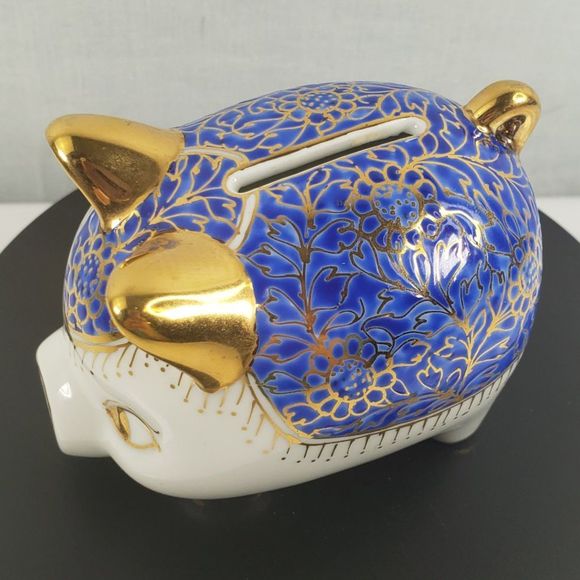 Vintage Ceramic Hand Painted Blue Gold Piggy Bank Marked JM Made In Thailand EUC - Picture 9 of 16